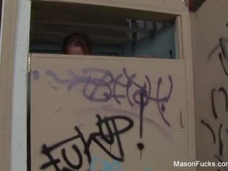Tattoed cookie Mason Moore fucks in a public bathroom