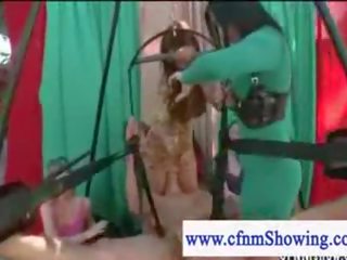 Cfnm girls jerking off youngster in a swing while he eats puss